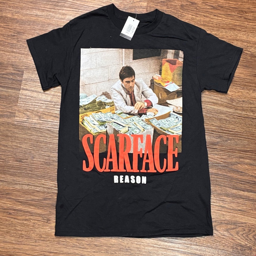 Scarface Reason Embossed Tony Montana Money Graphic T-Shirt Black Men's S NWT